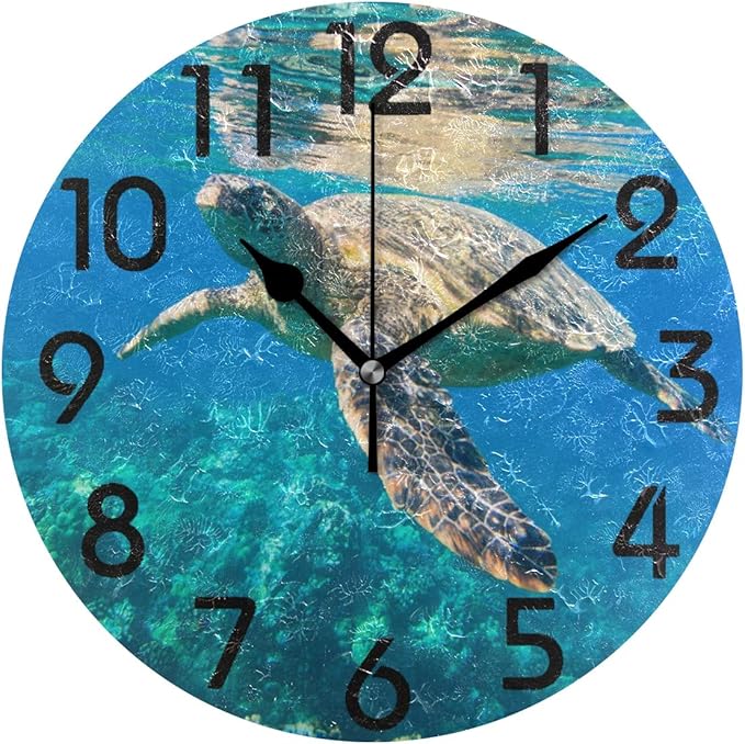 Naanle 3D Tropical Underwater Swimming Sea Turtle Print Round Wall Clock, 9.5 Inch Battery Operated Quartz Analog Quiet Desk Clock for Home,Office,School