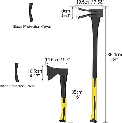 KURUI Wood Splitting Axe and Hatchet Set, 15 Camping Hatchet  34 Chopping Axe for Cutting and Felling, Long Handle Splitter Axe with Shock-Absorbent Fiber Glass Anti-Slip Handle and Blade Sheath