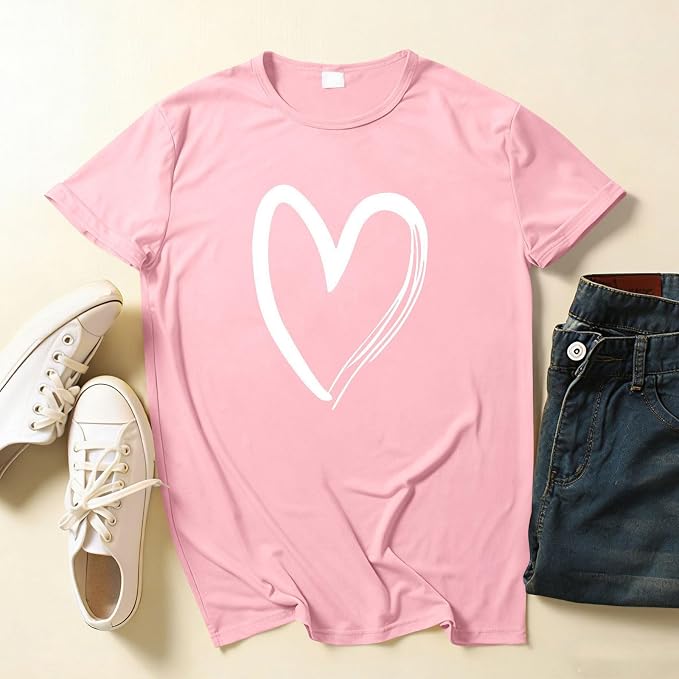 Valentines T Shirts for Women Cute Heart Print Graphic Tees Casual Short Sleeve Top Summer Fashion Round Neck Blouse