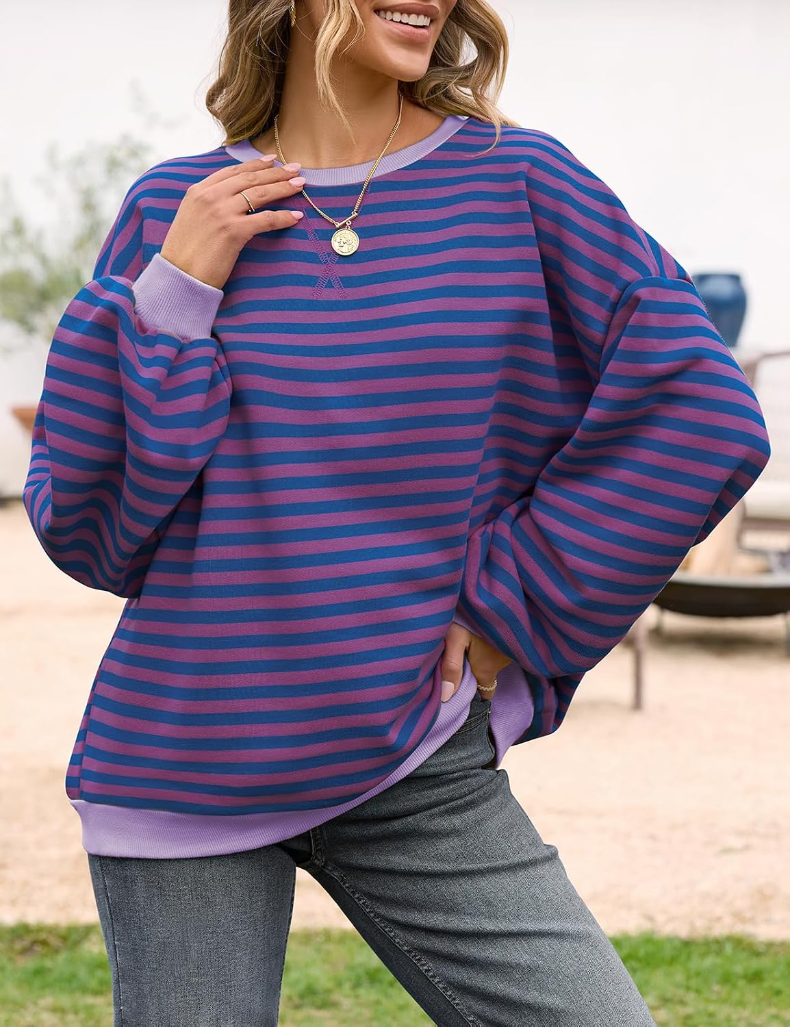 UEU Women Oversized Striped Crewneck Sweatshirt Long Sleeve Color Block Pullover Tops Casual Loose Workout Shirt
