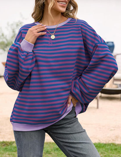 UEU Women Oversized Striped Crewneck Sweatshirt Long Sleeve Color Block Pullover Tops Casual Loose Workout Shirt