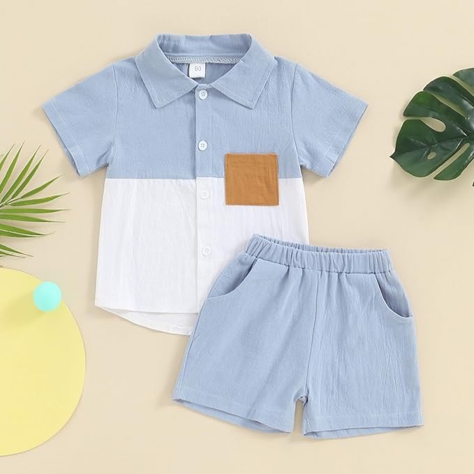 fhutpw Toddler Boy Patchwork Summer Outfits Short Sleeve Button Down Shirt Tops & Casual Shorts Sets Baby 2T 3T 4T 5T Clothes