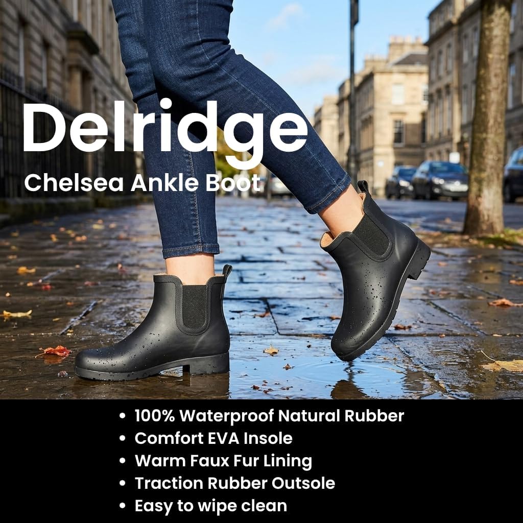Women’s Waterproof Chelsea Bootie – Plush Lined, Slip-On Rain Ankle Boots