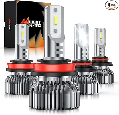 Nilight 9005HB3 H11H9H8 LED Bulbs, High and Low Beam Fog Ligh Bulbs Combo, 6000K Cool White IP67, Plug and Play, 4-Pack