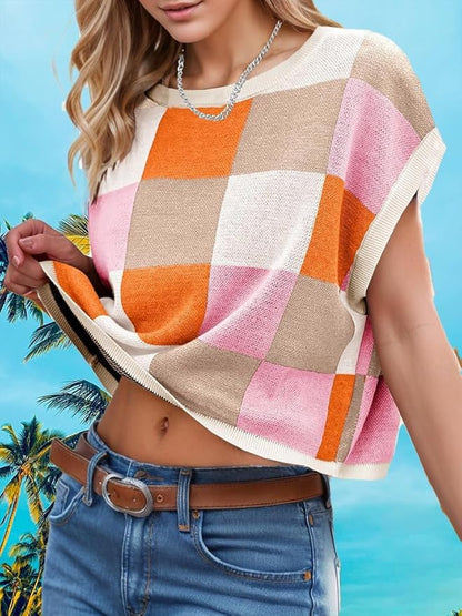 Womens Summer Crop Tops 2025 Cap Short Sleeve Sweater Vest Loose Shirts Business Vacation Outfits Trendy Fall Summer Top