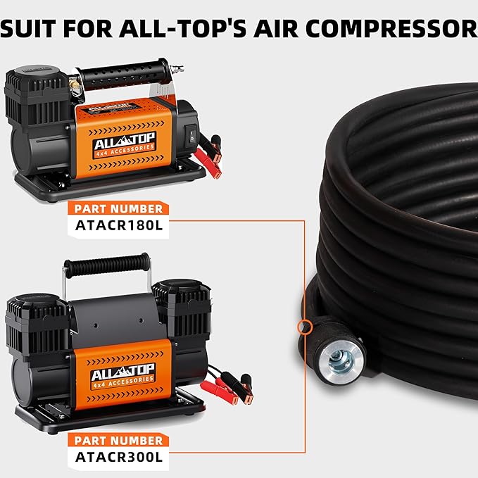 ALL-TOP Air Compressor Replacement Hose, 26.25FT Rubber Air Hose with NPT  Screw-On Connectors (Includes Pressure Gauge)