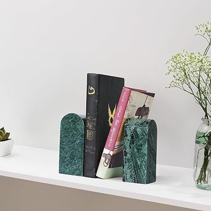 Koville Indian Natural Marble Bookends for Shelves, Decorative Book Ends, 7lbs Heavy-Duty Marble Book Holders, Bookshelf Apartment Decor for Normal BooksCDVideo Games(Indian Green)
