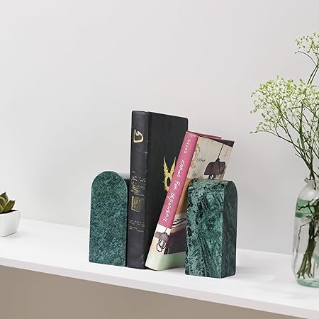 Koville Indian Natural Marble Bookends for Shelves, Decorative Book Ends, 7lbs Heavy-Duty Marble Book Holders, Bookshelf Apartment Decor for Normal BooksCDVideo Games(Indian Green)