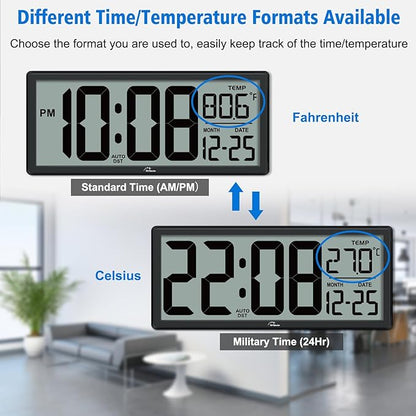 WallarGe Backlight Digital Wall Clock Battery Operated - with Temperature and Date 14.5'' Large Digital Wall Clock, Easy to Read and Set, Auto DST