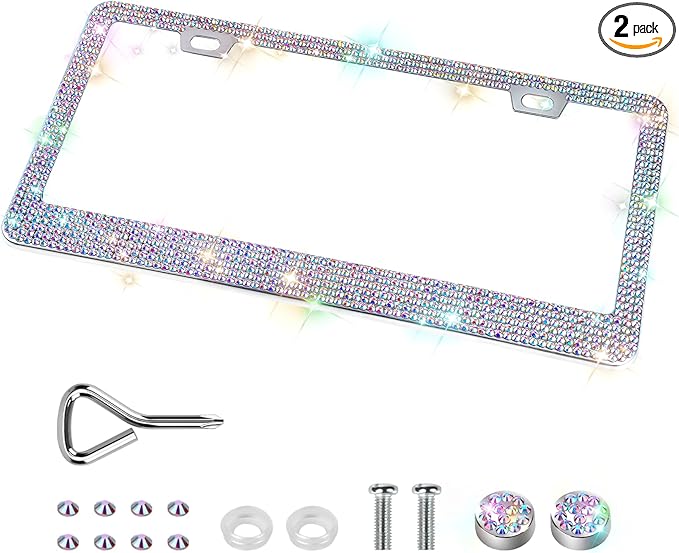1 Pack Bling License Plate Frames, Sparkly Rhinestone Diamond Car License Plate Cover for Women, Stainless Steel Car Accessories with Glitter Crystal Caps (1 Pack Colorful)