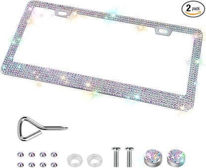 1 Pack Bling License Plate Frames, Sparkly Rhinestone Diamond Car License Plate Cover for Women, Stainless Steel Car Accessories with Glitter Crystal Caps (1 Pack Colorful)