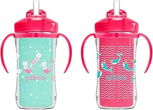 Dr. Brown's Milestones Insulated Sippy Cup with Straw and Handles, Spill-Proof Tumbler with Lid, 2-Pack, Pink, 10 oz300 mL, BPA Free, 12m