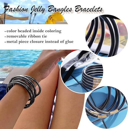 MJartoria Glitter Jelly Bangles Bracelets Set Glitter Filled Jelly Silicone Bracelets for Women