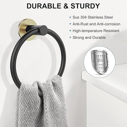 SetSail Towel Holder for Bathroom Wall 2 Packs Towel Ring 304 Stainless Steel Heavy Duty Hand Towel Hanger for Bathroom, Black and Gold