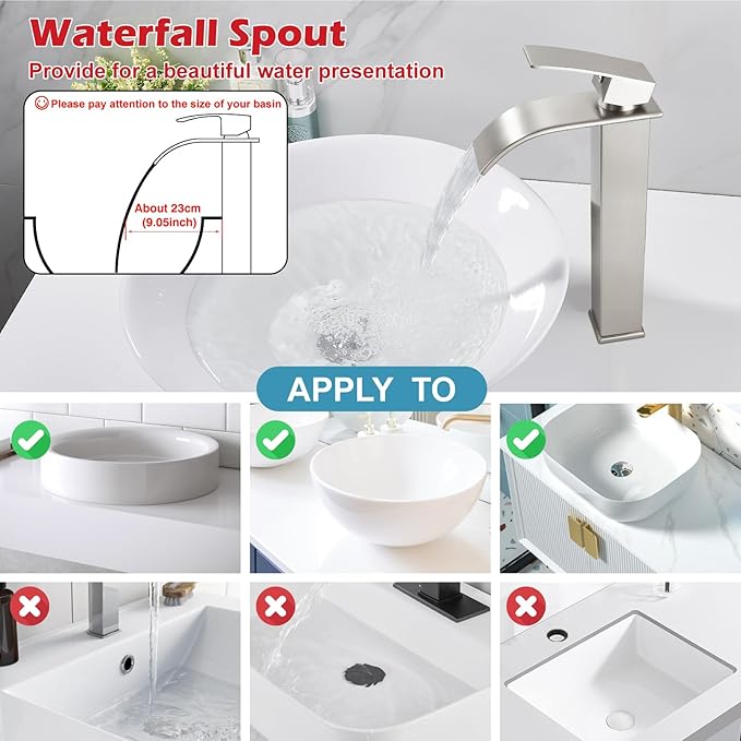 Midanya Waterfall Spout Bathroom Faucet Single Handle 1 Hole Bathroom Sink Faucet,Modern RV Lavatory Vanity Basin Tap with Water Hose,Tall Body,Brushed Nickel