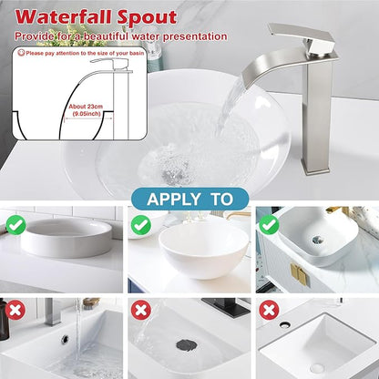 Midanya Waterfall Spout Bathroom Faucet Single Handle 1 Hole Bathroom Sink Faucet,Modern RV Lavatory Vanity Basin Tap with Water Hose,Tall Body,Brushed Nickel