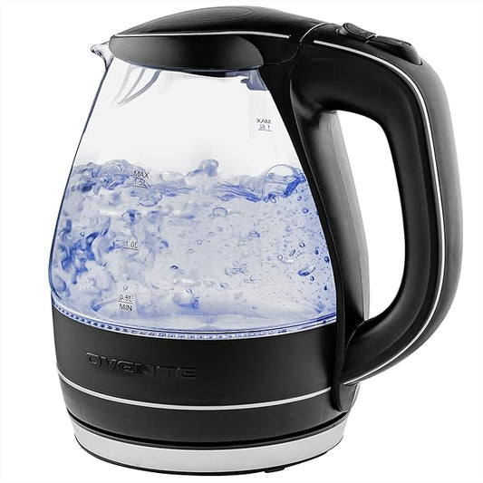 OVENTE Glass Electric Kettle Water Boiler 1.5 Liter Borosilicate Glass Fast Boiling Countertop Heater - BPA Free Auto Shut Off Instant Water Heater Kettle for Coffee  Tea Maker - Black KG83B
