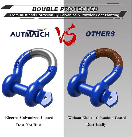 AUTMATCH D Ring Shackle 34" Shackles (2 Pack) 41,887Ibs Break Strength - Clevis Shackle with 78" Screw Pin and Shackle Isolator Washers Kit for Tow Strap Winch Off Road Vehicle Recovery, Blue