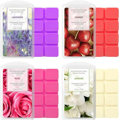 STRN Wax Melts Soy Wax Cubes 4 Pack Scented Wax Melts Warmer, Scented Wax Cubes for Warmers Soy Wax Cubes Candle Wax Melts, Rose, Lavender, Jasmine, Cherry (4 x 2.5oz)