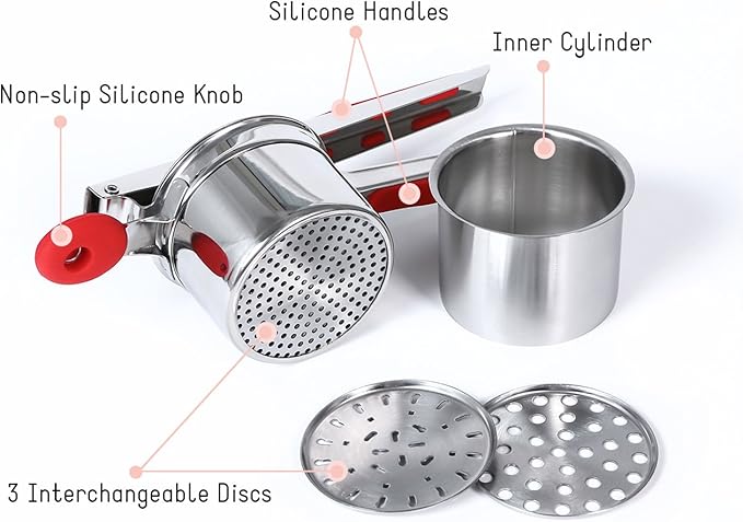Rorence Stainless Steel Potato Ricer: 15 Oz Potato Masher with 3 Interchangeable Discs & Inner Cup & Silicone Grip Handles - Red