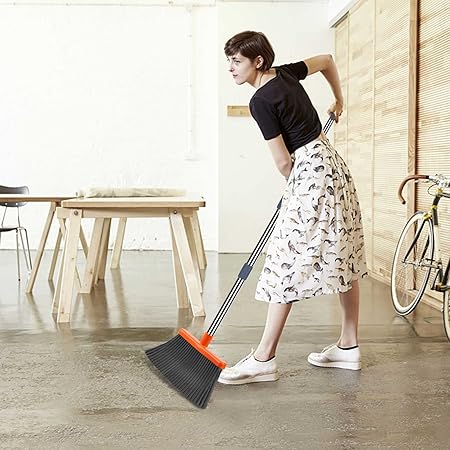 kelamayi Upgrade Broom and Dustpan Set, Self-Cleaning with Dustpan Teeth, IndoorOutdoor Sweeping, Ideal for Dog Cat Pets Home Use, Stand Up Broom and Dustpan (GrayOrange)