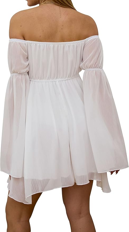 ETATNG Womens Summer Off Shoulder Bell Sleeve Lace Up High Waist Party Travel Irregular Mini A Line Dress