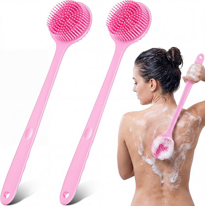 Sunnyray (1 Pack) Silicone Back Scrubber with 15" Long Handle - Double-Sided Bath Body Brush for Exfoliating &Easy to Clean & Quick Dry, Deep Cleaning, Lathers Well for Shower(Pink)