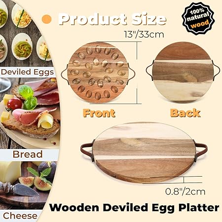 Hiceeden Acacia Wood Deviled Egg Platter with Handles, 24 Holes Round Deviled Egg Tray Container, Reversible Charcuterie Board Egg Plate Serving Tray for Countertop