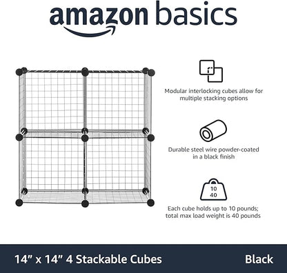 Basics 4 Cube Storage Organizer - Wire Grid Closet and Shelves, Stackable, Black 14"x14"x14"