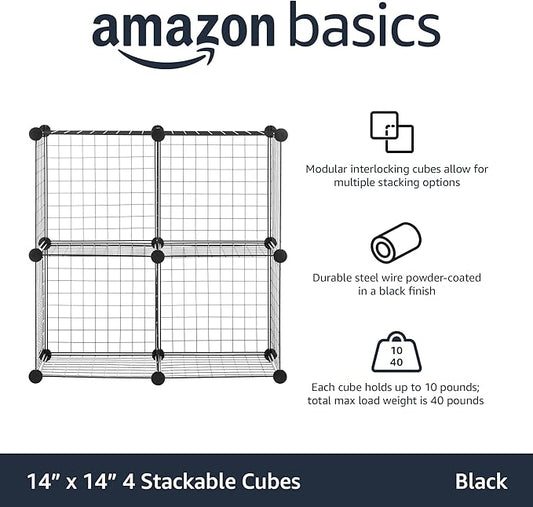 Basics 4 Cube Storage Organizer - Wire Grid Closet and Shelves, Stackable, Black 14"x14"x14"
