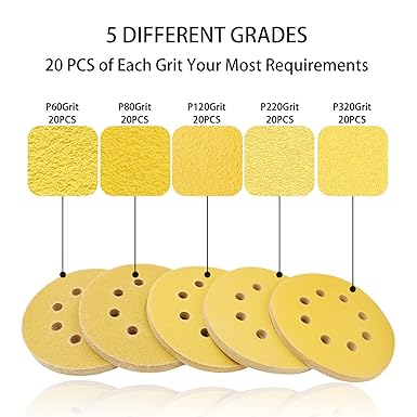 5-Inch 8-Hole Hook and Loop Sanding Discs – 100-Piece Assorted Grits (60/80/120/220/320) for Orbital Sanders and Woodworking
