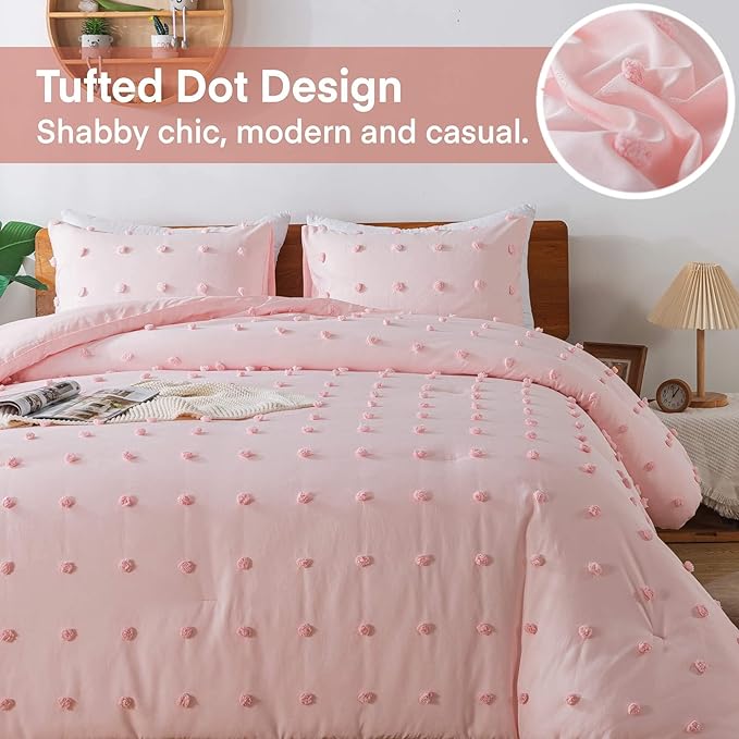 Paxrac Pink TwinTwin XL Comforter Set (68x90 inches), 2 Pieces- Soft Cotton Lightweight Blush Comforter with 1 Pillowcase, Chenille Dots All Season Down Alternative Comforter Set for Bedding