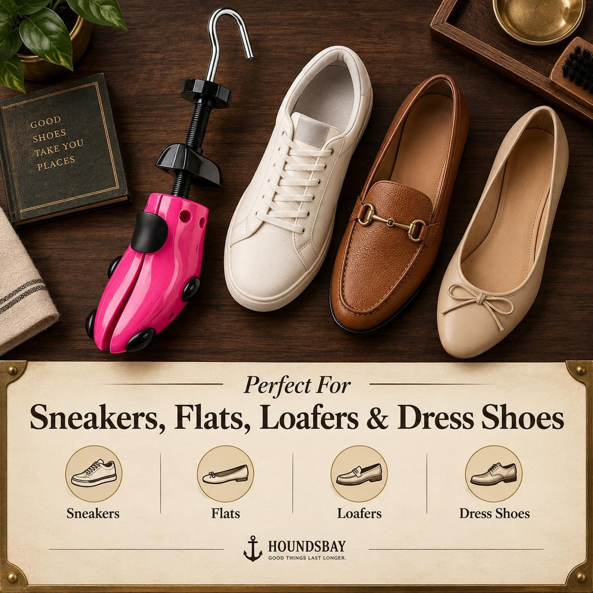 HOUNDSBAY Plastic & Wooden Shoe Stretchers - Adjustable Shoe Widener Expander for Men and Women (Does not include shoe horn)