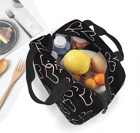 Cute Lunch Bags for Women Lunch Bag for Women,Reusable Insulated Lunch Box Thickening Insulated Cooler Bags for Work Picnic or Travel-Black Love Heart