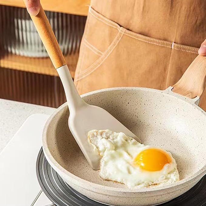 Silicone Cooking Utensils Set - Heat Resistant, Non-Stick, Non-Scratch Kitchen Tools, Slotted Turner, Utensils for Grilling, Space-Saving Design, Wooden Handle