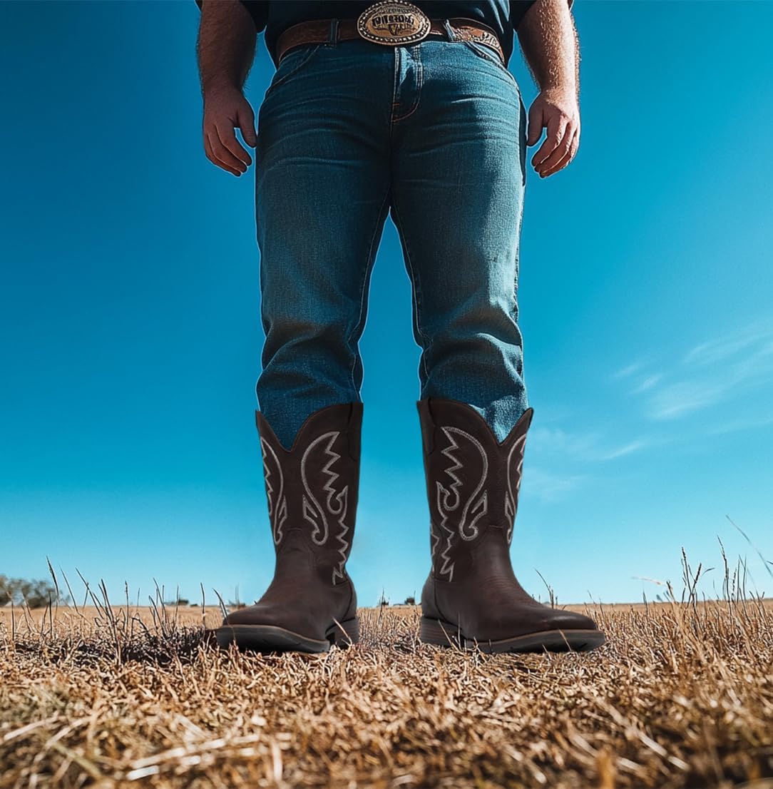 Cowboy Boots For Men with Wide Square Toe Western Retro Boot Durable Classic Fashionable Embroidered Pull On Slip Resistant Boots