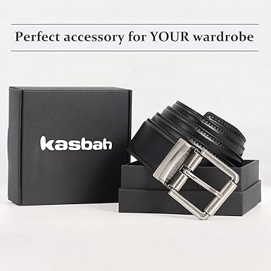 KASBAH Men's Reversible Leather Belt Work Casual Belt Two-in-One Belt With Rotated Buckle Double Sided Men Dress Belt