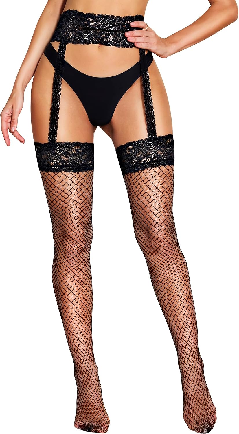 RSLOVE Fishnet Stockings for Women - Sexy Thigh High Fishnets High Waist Garter Belt Silicone Suspender Pantyhose