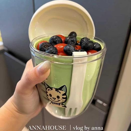 Double-layer drain cup, Harada Osamu yogurt, fruit cup with lid, spoon, portable DIY sticker, leak-proof lunch box, go out