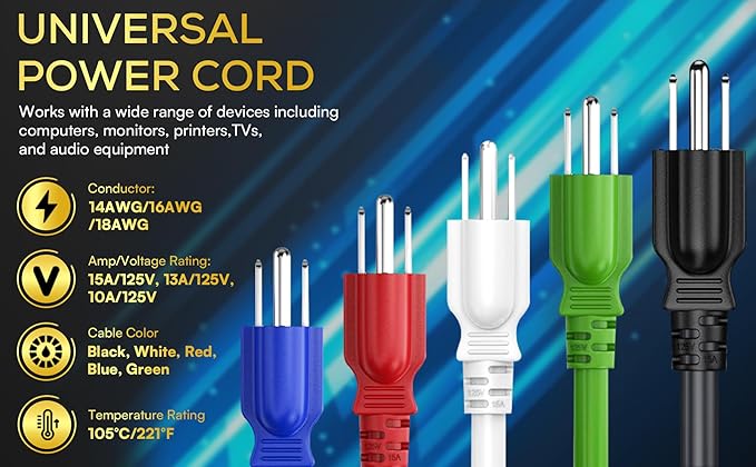 CableLeader 7ft 14 AWG Universal Power Cord IEC320 C13 to NEMA 5-15P, Extension Power Cord, Compatible with Computers, Monitors, Printers & TVs, Black, Pack of 1