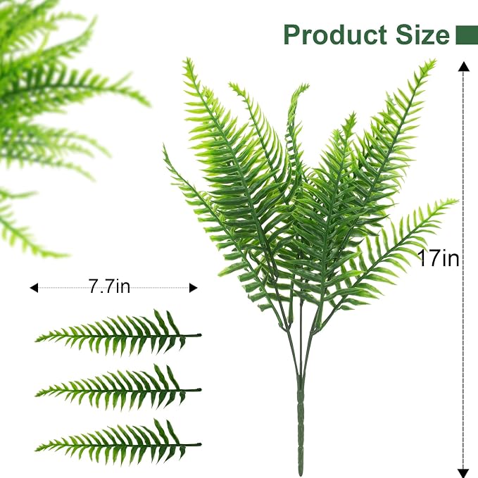 lovemoon 12 Pcs Fake Ferns for Outdoors UV Resistant Faux Fern Plants, Artificial Greenery Fern Stmes for Outside, Garden Porch & Patio Greenery Decor (12, Light Green)