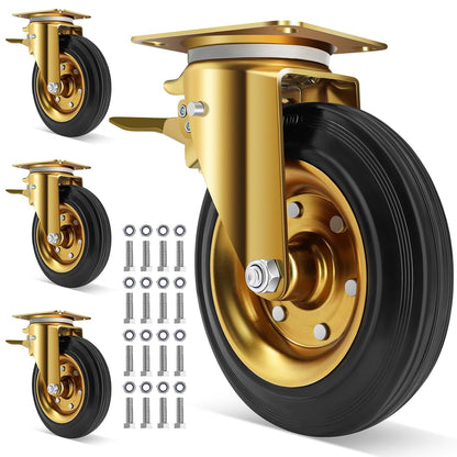 WBD WEIBIDA 8 in Heavy Duty Plate Casters Set of 4, 3200 Lbs Industrial Rubber Wheels for Cart Furniture and Workbench,Outdoor Castors Dual Locking Replacement (4 Brakes, Free Spanner)