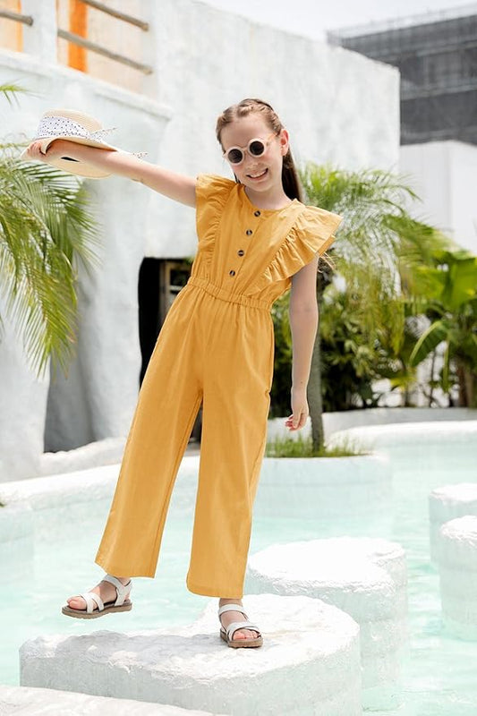 GAMISOTE Girls Wide Leg Jumpsuit Cotton Sleeveless Button Up Ruffle One Piece Rompers