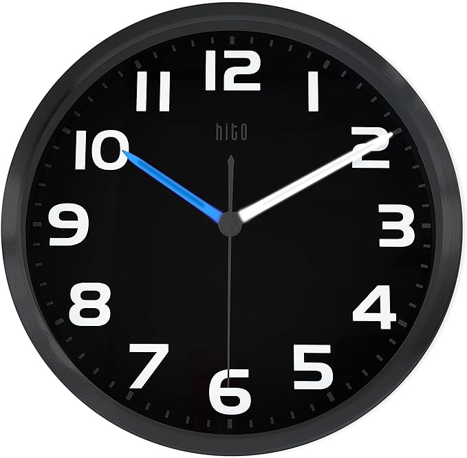 HITO 12 Inch Night Light Wall Clock Battery Operated Brightness Adjustable, Metal Frame, Glass Cover(Hands  Numbers Illuminate)