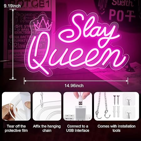 Slay Queen Neon Sign for Wall Decor, Adjustable LED Light Up Signs USB Powered Pink White Neon Sign for Girl Women Birthday Valentines Christmas Bedroom Dorm Wall Art Decor
