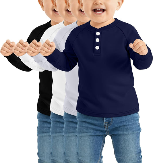 4 Pack Toddler Boys Girls Thermal Long Sleeve T-Shirts Henley Undershirt Top Basic Layer Long Sleeve Fleece T-Shirt