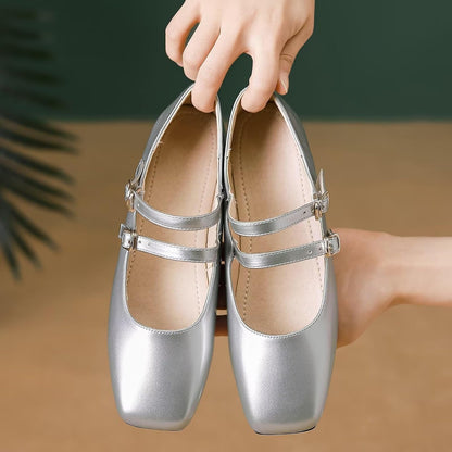Stunner Women's Mary Jane Flats Retro Square Toe Soft Ballet Flats Comfort Double Line Strap Wedding Dressy Flats 2.