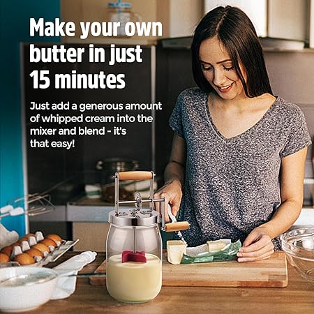 Manual Butter Maker Churner, 1.5L Mason Jar Machine With Stainless Steel Gear and Hand Crank, Wooden Handle for Baking - Top Gadgets