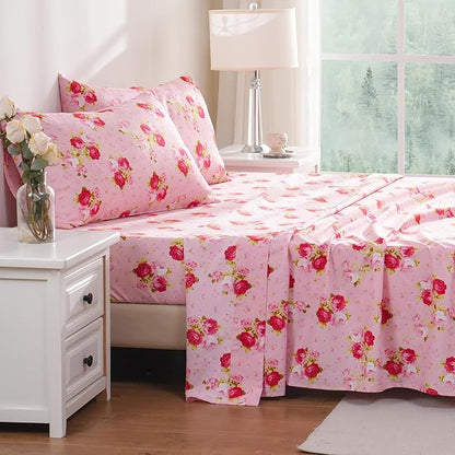 Bedlifes Full Size Sheet Sets Ultra Soft Breathable Silky Flower Bed Sheets Deep Pocket 100 Microfiber Bedding Sheets 4 Piece Full Size Pink Floral(Red Rose)