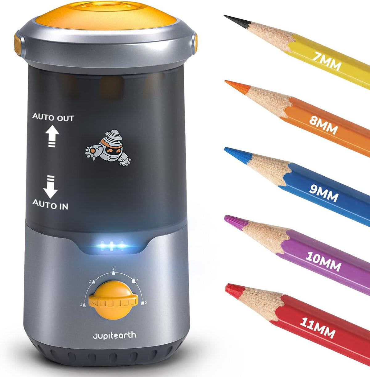 JUPITEARTH Electric Pencil Sharpener for Kids, Hands-Free, Rechargeable, Auto in & Out Spaceship Fully Automatic Pencil Sharpener Fits 6.9-11mm Colored/No.2 Pencils for Classroom Home Office